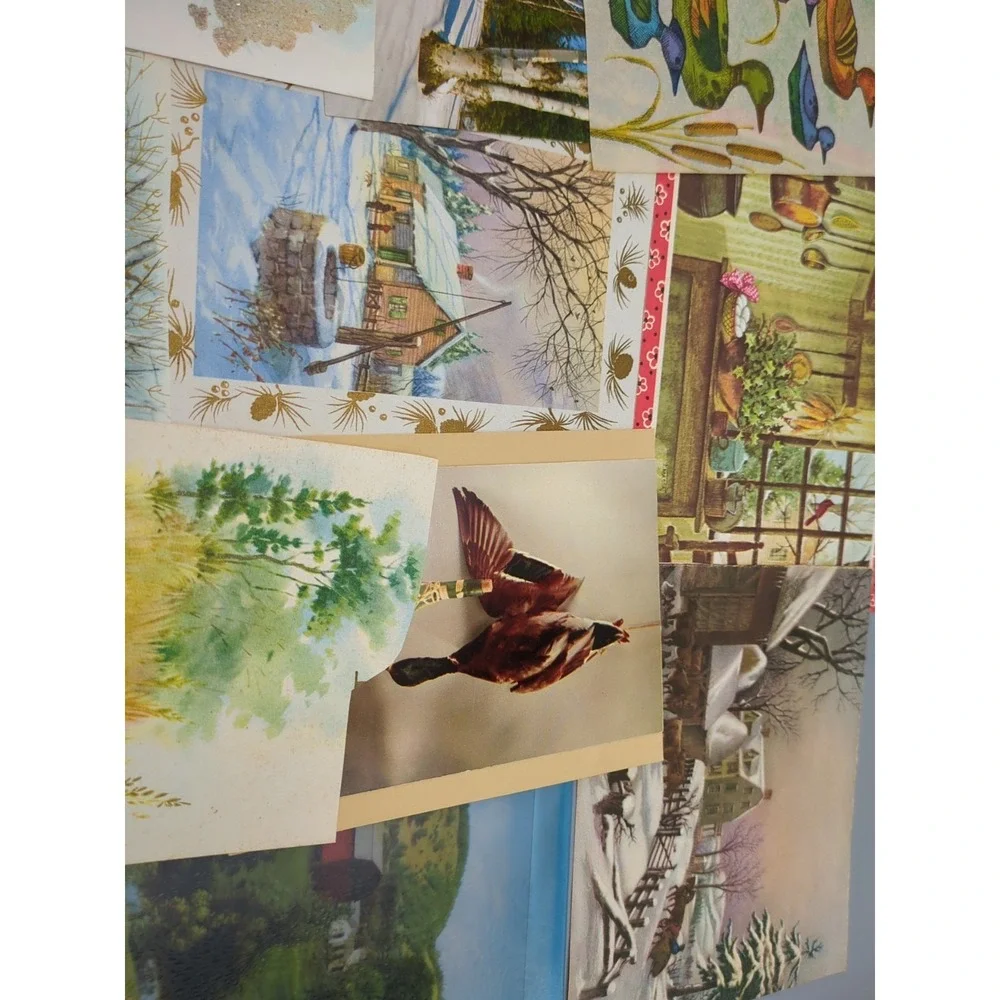 15 Old Vtg Used Christmas Card Fronts for Crafts Winter Scene Country Farm‎ Hunt